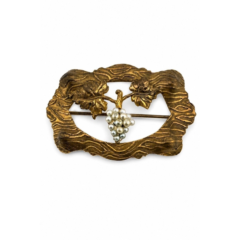 Antique Art Nouveau Gilt Brooch Faux Seed Pearl Grapevine Motif Gold Tone Pin